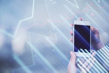 Ön x grafik çizimine çift pozlama hologram ve cep telefonu kullanan bir kadın. Borsa konsepti.