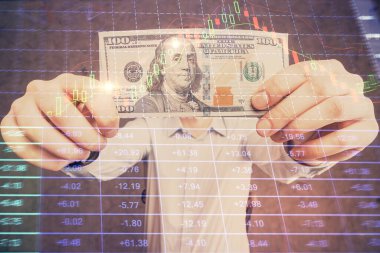 Forx grafiği, hologram, Amerikan dolarları ve insan eli çizimleri. Teknik Analiz kavramı.