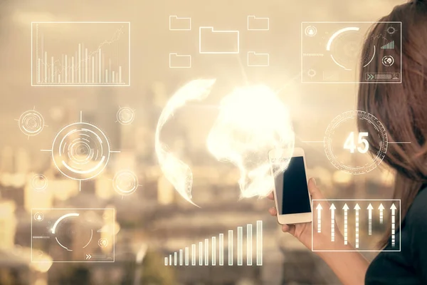 Double exposure of forex chart sketch hologram and woman holding and using a mobile device. Stock market concept.