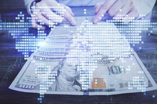 Multi exponering av finansiella tema rita hologram och USA dollar räkningar och manshänder. Affärsidé. — Stockfoto