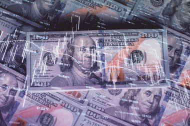 Forx grafiğinin çok sayıda görüntüsü bize dolar banknotları arka planında görünüyor. Finansal başarı piyasası kavramı.