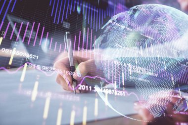 Ön x çizelgesinin arka plan notları alan insanların üzerini çizerken çift pozlama. Mali analiz kavramı