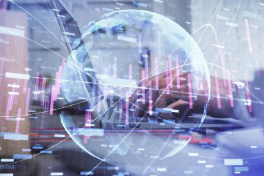 Bilgisayarda ve ön x grafik hologram çiziminde kadın eli yazarken çift pozlama. Borsa yatırım kavramı.