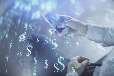 Erkeklerin el ele tutuşup dijital bir cihaz ve ön grafik çizimi kullanırken çift pozlama. Finansal piyasa kavramı.