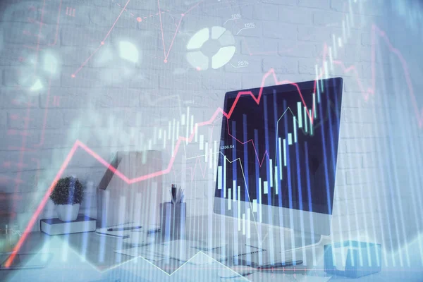 Double exposure of stock market graph drawing and office interior background. Concept of financial analysis. — Stock Photo, Image