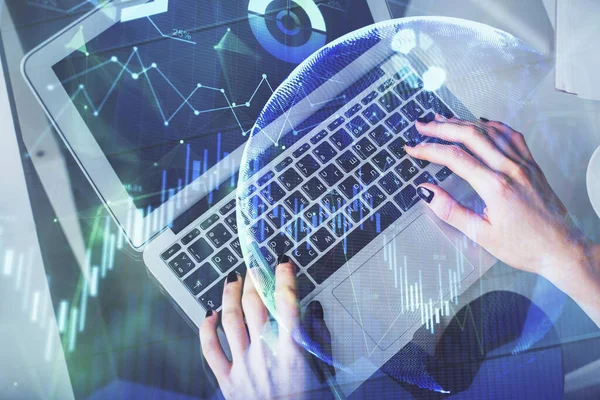 Double exposure of woman hands working on computer and forex chart hologram drawing. Top View. Financial analysis concept. — Stock Photo, Image