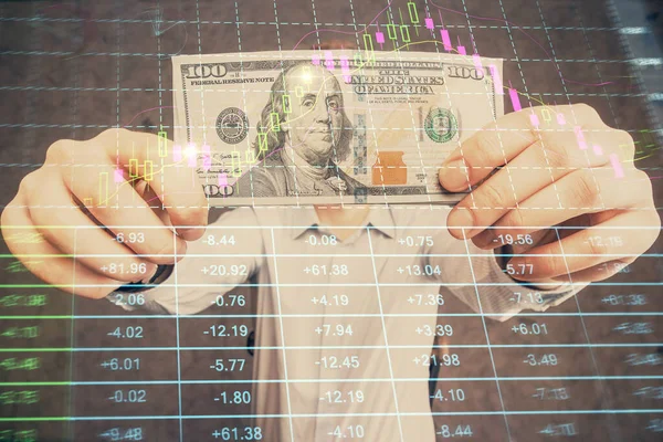 Forx grafiği, hologram, Amerikan dolarları ve insan eli çizimleri. Teknik Analiz kavramı.