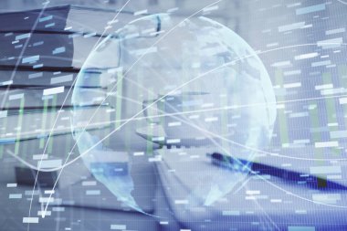 Masa arkasında kahve ve eşyalar olan iki kat iş teması çizimi ve masaüstü görüntüsü. Pazar ticareti kavramı