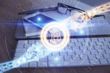 Blockchain temalı çizim ve cep telefonu arkaplanının çifte pozu. Şifreleme pazarı kavramı