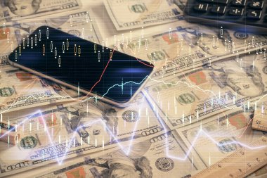 Önx grafiğinin arka plandaki dolarları iki katına çıkarması. Finans piyasası kavramı.