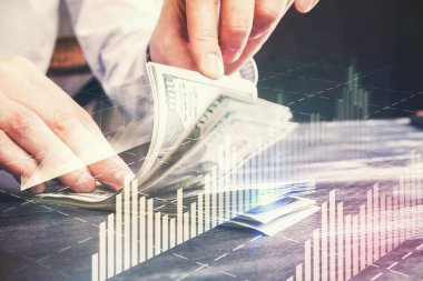 Forx grafiği, hologram, Amerikan dolarları ve insan eli çizimleri. Teknik Analiz kavramı.