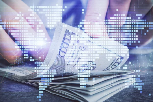 Multi blootstelling van financiële thema tekenen hologram en Amerikaanse dollars biljetten en mannenhanden. Bedrijfsconcept. — Stockfoto