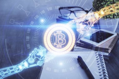 Blockchain temalı çizim ve cep telefonu arkaplanının çifte pozu. Şifreleme pazarı kavramı
