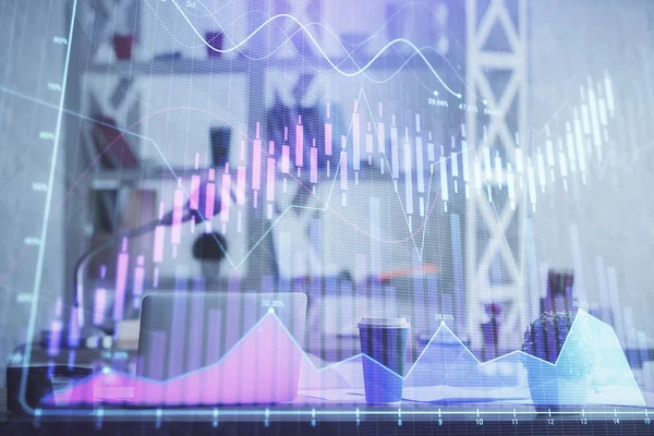 Двойная экспозиция графика фондового рынка и внутреннего фона офиса. Концепция финансового анализа. — стоковое фото