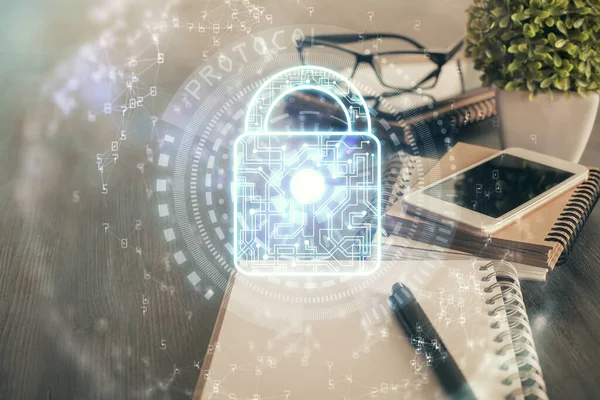 Double exposure of lock drawing and cell phone background. Concept of information security