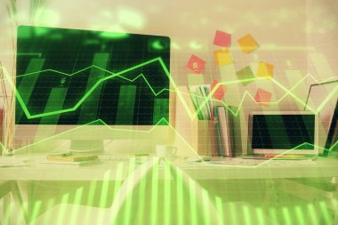 Finansal grafik çizimine ve ofis içi arka planına çifte maruz kalma. Borsa konsepti.