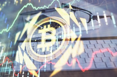 Blockchain temalı çizim ve cep telefonu arkaplanının çifte pozu. Şifreleme pazarı kavramı