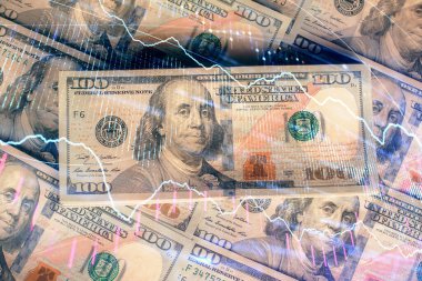 Forx grafiğinin çok sayıda görüntüsü bize dolar banknotları arka planında görünüyor. Finansal başarı piyasası kavramı.