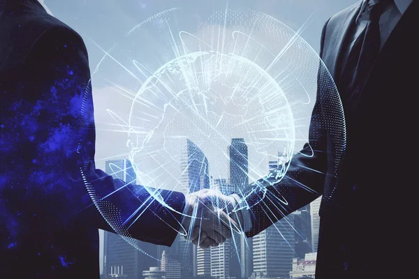 Double exposure of business theme hologram and handshake of two men. Success concept. — Stock Photo, Image