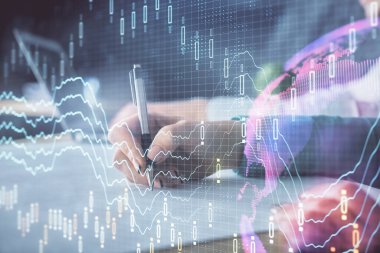 Ön x çizelgesinin arka plan notları alan insanların üzerini çizerken çift pozlama. Mali analiz kavramı