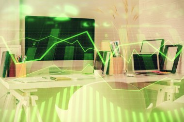Finansal grafik çizimine ve ofis içi arka planına çifte maruz kalma. Borsa konsepti.