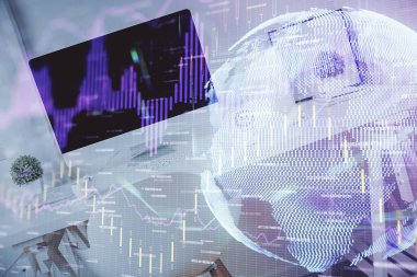 Finansal grafik çizimine ve ofis içi arka planına çifte maruz kalma. Borsa konsepti.