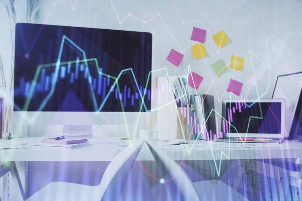 Double exposure of financial graph drawing and office interior background. Concept of stock market. — Stock Photo, Image