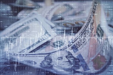 Önx grafiğinin arka plandaki dolarları iki katına çıkarması. Finans piyasası kavramı.