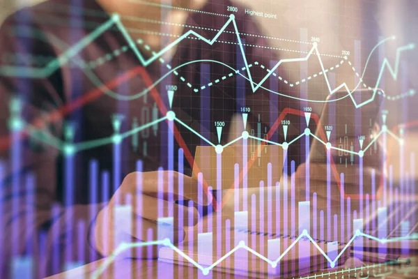 Double exposure of mans hands holding and using a phone and financial graph drawing. Analysis concept. — Stock Photo, Image