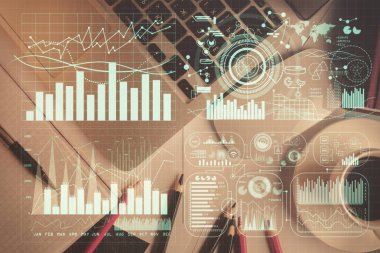 Bilgisayarla arka plan üzerine iki kat mali şema çizimi. Araştırma ve analiz kavramı. Üst görünüm.