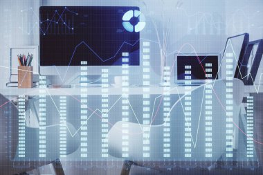 Borsa grafik çizimi ve ofis içi arka planının iki katına çıkarılması. Mali analiz kavramı.