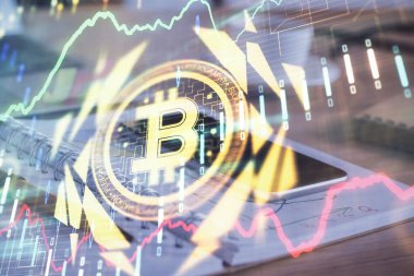 Blockchain temalı çizim ve cep telefonu arkaplanının çifte pozu. Şifreleme pazarı kavramı