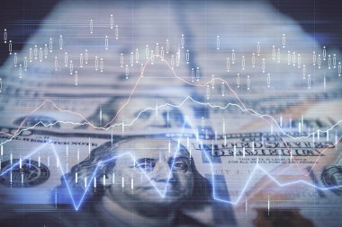 Önx grafiğinin arka plandaki dolarları iki katına çıkarması. Finans piyasası kavramı.