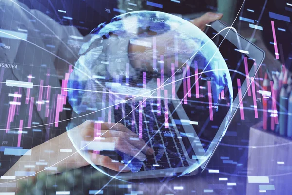 Double exposure of woman hands typing on computer and forex chart hologram drawing. Stock market invest concept. — Stock Photo, Image