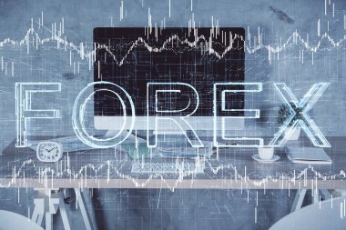 Finansal grafik çizimi ve ofis içi arka planının çoklu pozu. Pazar analizi kavramı.