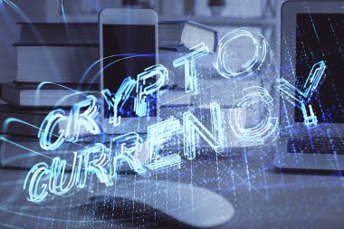 Blockchain temalı çizim ve cep telefonu arkaplanının çifte pozu. Şifreleme pazarı kavramı