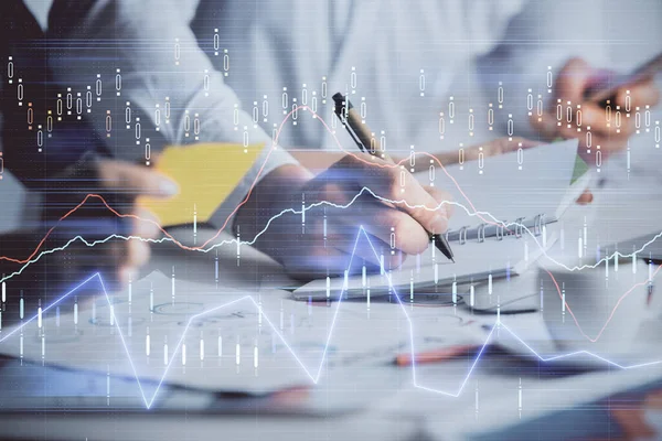 Doble exposición del dibujo gráfico de divisas sobre las personas que toman notas de fondo. Concepto de análisis financiero — Foto de Stock