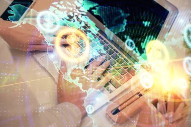 Bilgisayarda ve ön x grafik hologram çiziminde kadın eli yazarken çift pozlama. Borsa analizi kavramı.