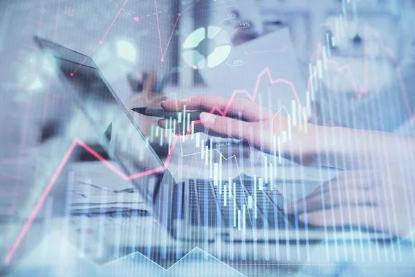 Multi exposure of woman hands typing on computer and financial graph hologram drawing. Stock market analysis concept. — Stock Photo, Image