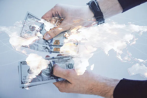 Multi exposure of financial theme drawing hologram and USA dollars bills and man hands. Business concept. — Stock Photo, Image