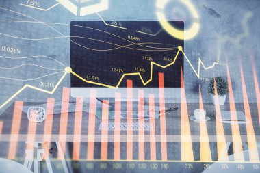 Finansal grafik çizimi ve ofis içi arka planının çoklu pozu. Pazar analizi kavramı.