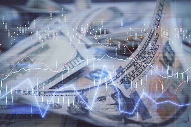 Önx grafiğinin arka plandaki dolarları iki katına çıkarması. Finans piyasası kavramı.