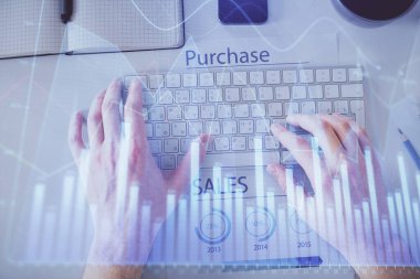 Dizüstü bilgisayar klavyesini ve ön x çizim hologramını yazarken çift pozlama. Üst Manzara. Finans piyasası kavramı.