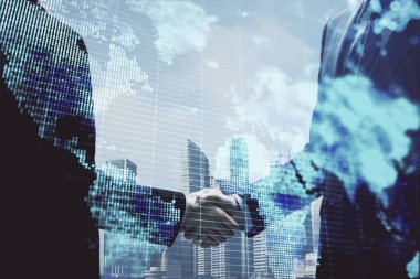 İki kişinin iş temalı hologramı ve el sıkışması. Başarı konsepti.