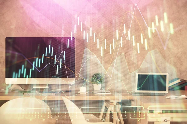 Multi exposure of financial graph drawing and office interior background. Concept of market analysis. — Stock Photo, Image