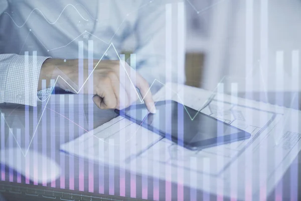 Double exposure of mans hands holding and using a digital device and forex graph drawing. Financial market concept. — Stock Photo, Image