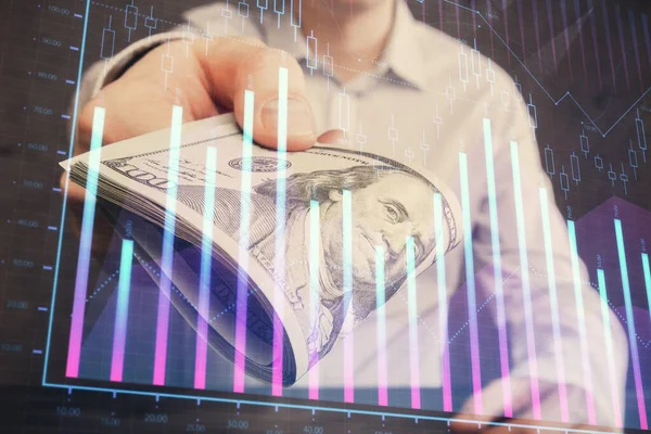 Multi exponering av finansiella diagram rita hologram och USA dollar räkningar och manshänder. Analyskoncept. — Stockfoto