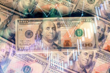 Forx grafiğinin çok sayıda görüntüsü bize dolar banknotları arka planında görünüyor. Finansal başarı piyasası kavramı.