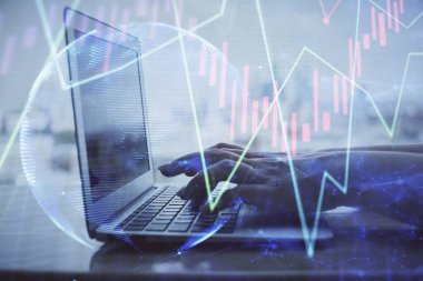 Bilgisayarda ve ön x grafik hologram çiziminde kadın eli yazarken çift pozlama. Borsa yatırım kavramı.