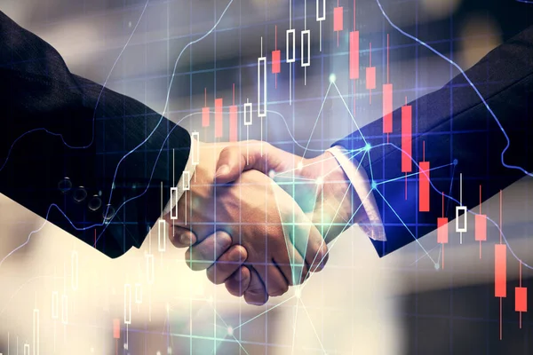 Double exposure of forex graph hologram and handshake of two men. Stock market concept. — Stock Photo, Image